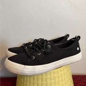 Sperry Women's Crest Vibe Linen Sneaker Black Canvas Low Top Slip-On Shoes size8